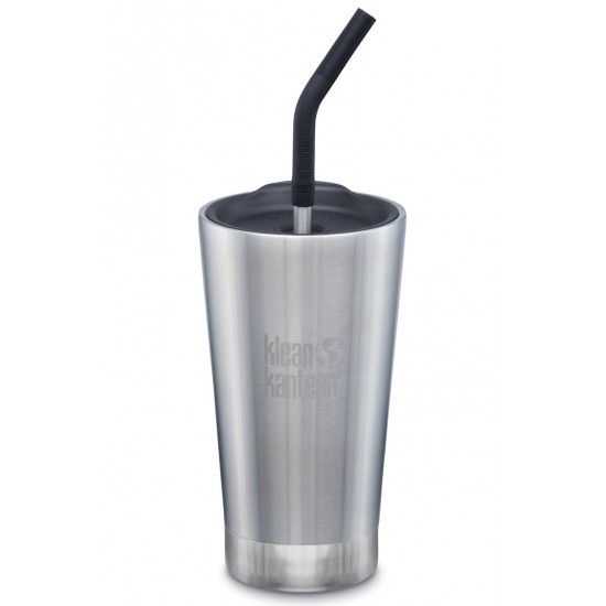 Brushed Steel - Cana termos din otel inoxidabil 473 ml cu capac si pai - Klean Kanteen